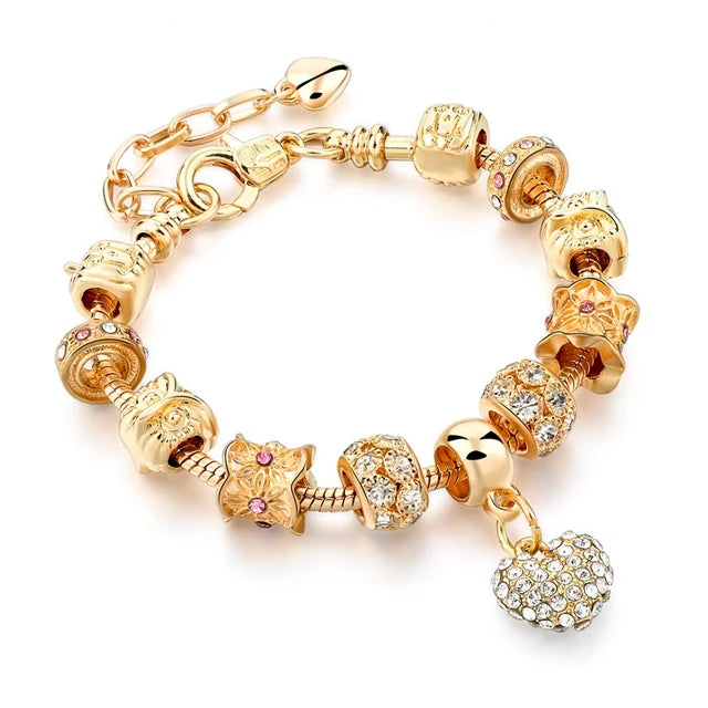 Gold Plated Crystal Charm Bracelets Women's Jewellery Heart Design Diamonds