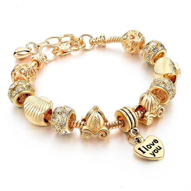 Gold Plated Crystal Charm Bracelets Women's Jewellery Heart Design Diamonds