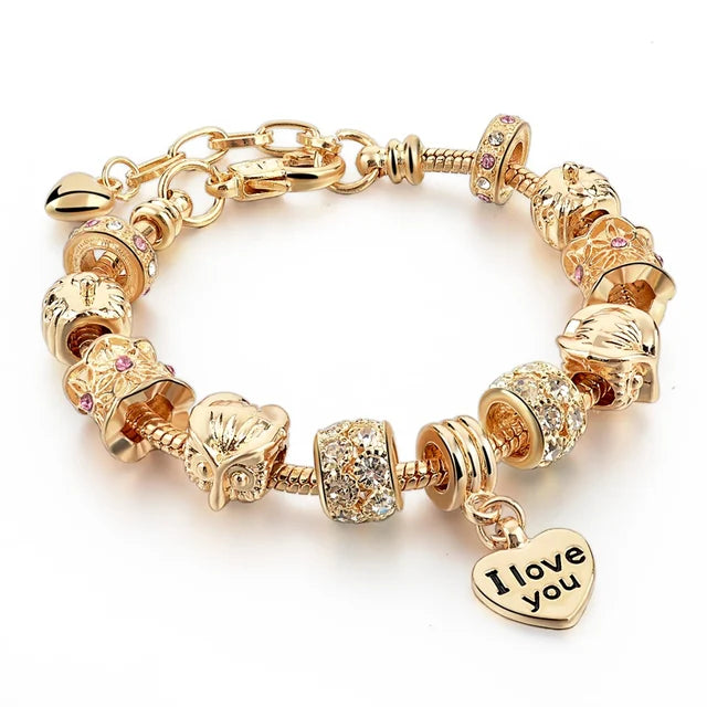Gold Plated Crystal Charm Bracelets Women's Jewellery Heart Design Diamonds