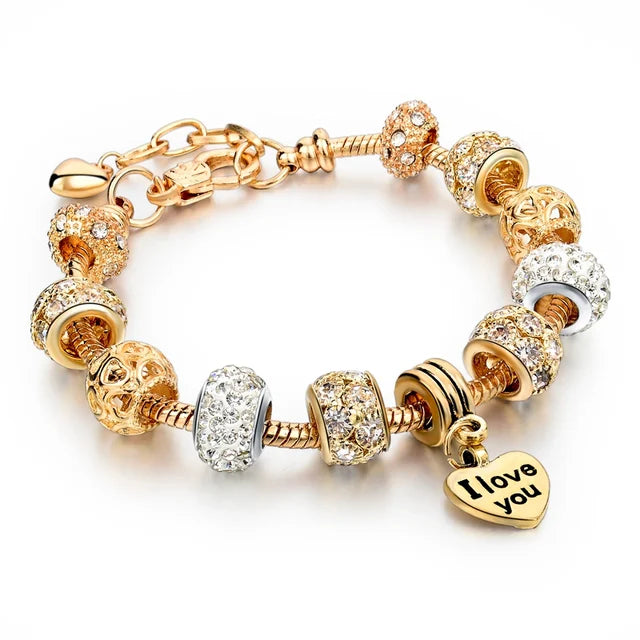 Gold Plated Crystal Charm Bracelets Women's Jewellery Heart Design Diamonds