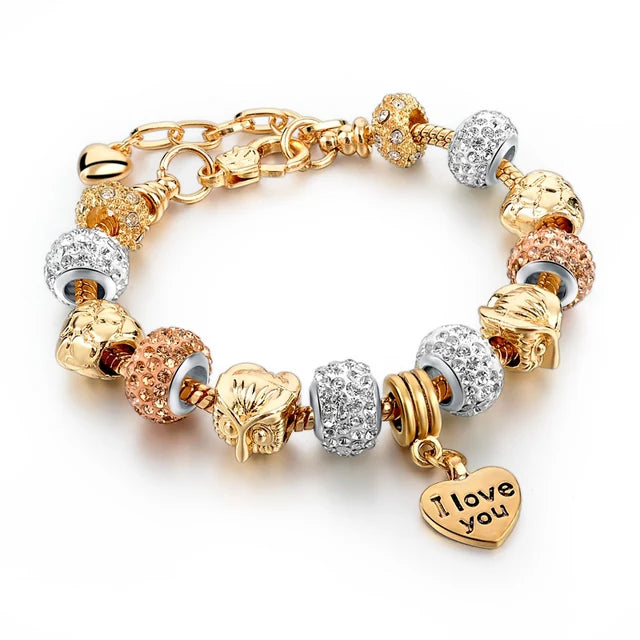 Gold Plated Crystal Charm Bracelets Women's Jewellery Heart Design Diamonds