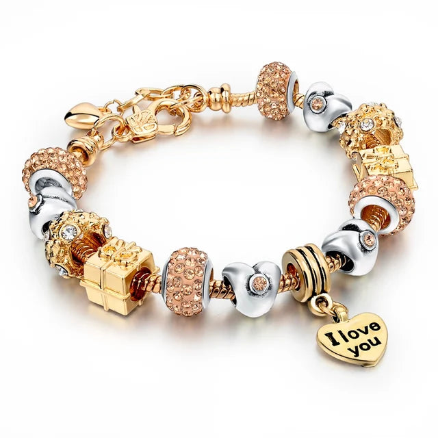 Gold Plated Crystal Charm Bracelets Women's Jewellery Heart Design Diamonds
