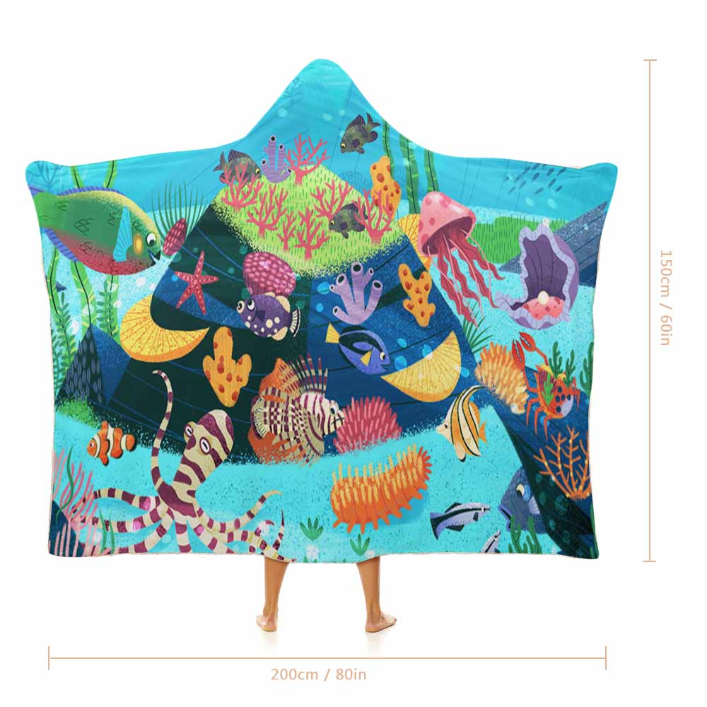 Wearable Hooded Blanket Soft Arctic Velvet Coral Reef Ocean Theme 3 Sizes