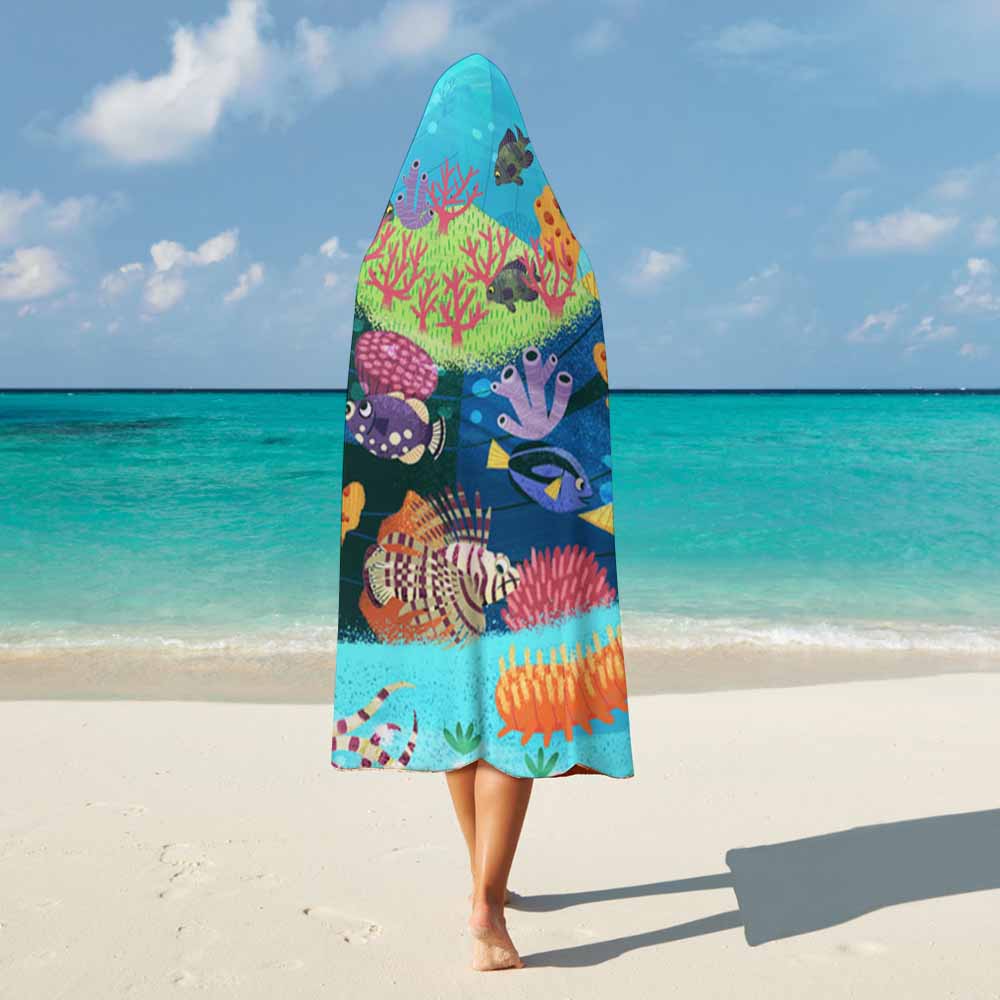 Wearable Hooded Blanket Soft Arctic Velvet Coral Reef Ocean Theme 3 Sizes