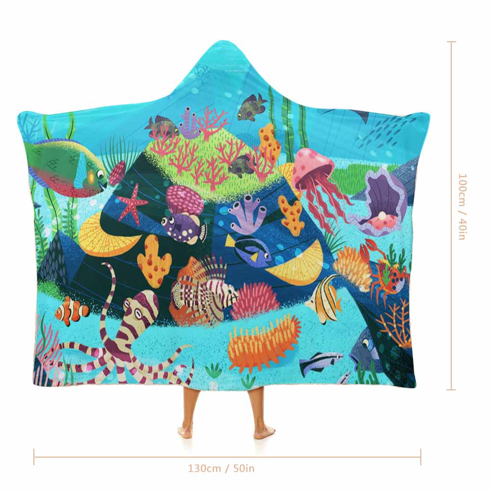 Wearable Hooded Blanket Soft Arctic Velvet Coral Reef Ocean Theme 3 Sizes