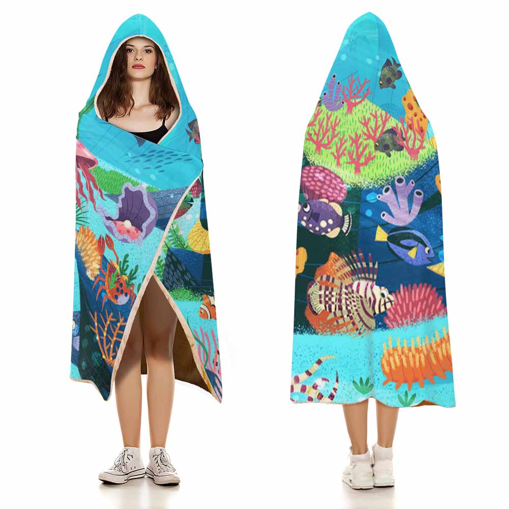 Wearable Hooded Blanket Soft Arctic Velvet Coral Reef Ocean Theme 3 Sizes
