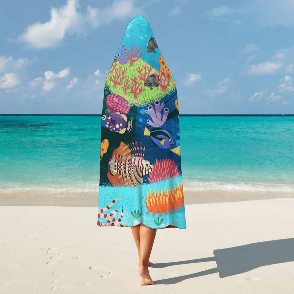 Wearable Hooded Blanket Soft Arctic Velvet Coral Reef Ocean Theme 3 Sizes