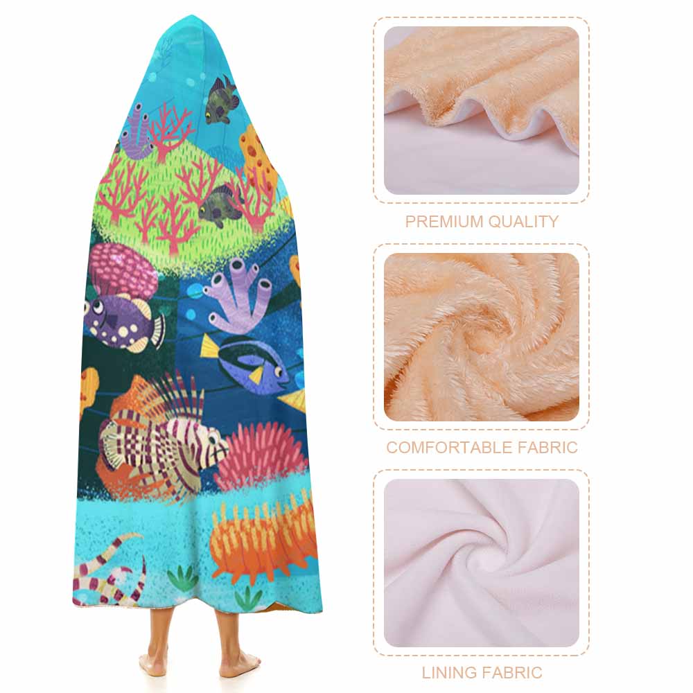 Wearable Hooded Blanket Soft Arctic Velvet Coral Reef Ocean Theme 3 Sizes