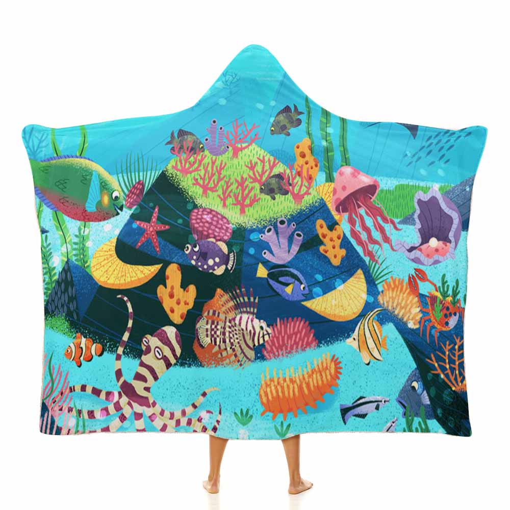 Wearable Hooded Blanket Soft Arctic Velvet Coral Reef Ocean Theme 3 Sizes