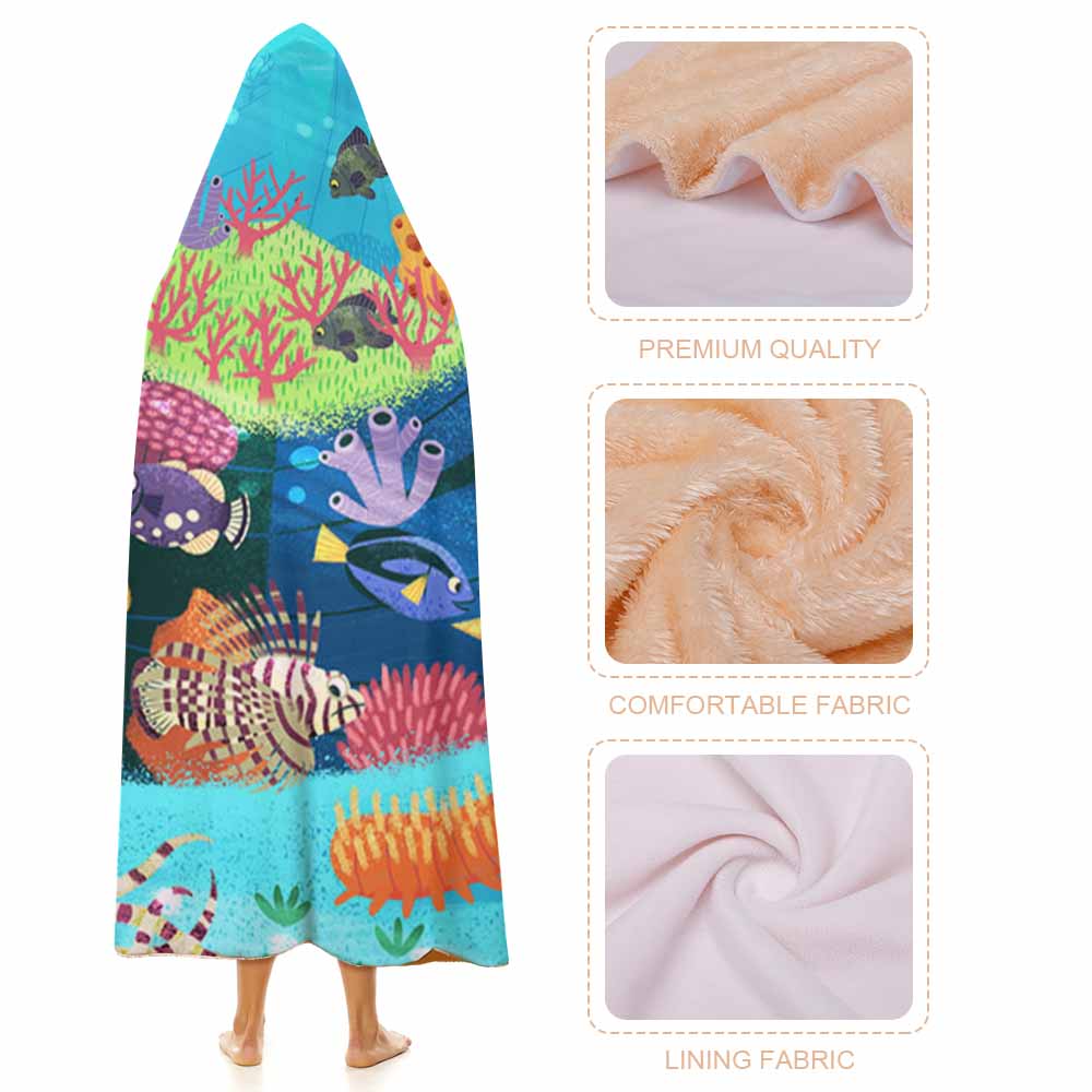 Wearable Hooded Blanket Soft Arctic Velvet Coral Reef Ocean Theme 3 Sizes