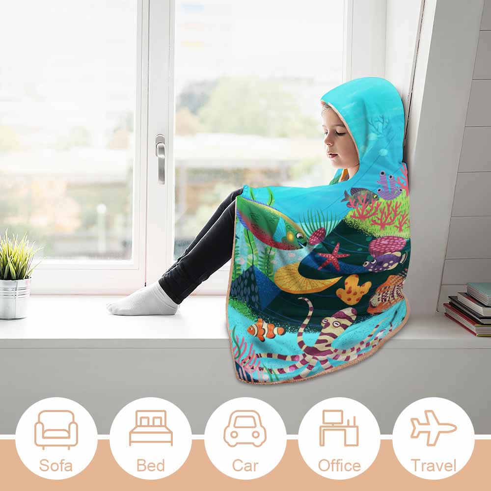 Wearable Hooded Blanket Soft Arctic Velvet Coral Reef Ocean Theme 3 Sizes