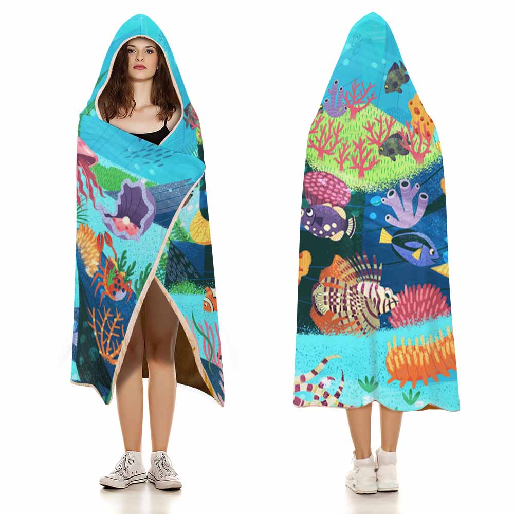 Wearable Hooded Blanket Soft Arctic Velvet Coral Reef Ocean Theme 3 Sizes