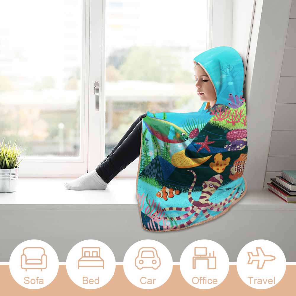 Wearable Hooded Blanket Soft Arctic Velvet Coral Reef Ocean Theme 3 Sizes